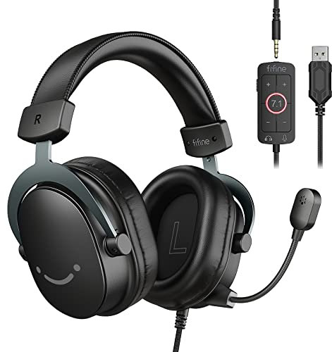 FIFINE PC Gaming Headset, USB Headset with 7.1 Surround Sound, Detachable Microphone, Control Box, 3.5mm Headphones Jack, Over-Ear Wired Headphones for PS5/Xbox/Switch, Black-AmpliGame H9