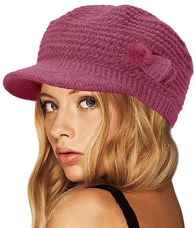 CheChury Femme Béret Hiver Casquettes en Laine d'hiver Bonnet Tricoté Chaud Chapeau de Ski de Neige avec Visière Classique Élégant,Rose Vif