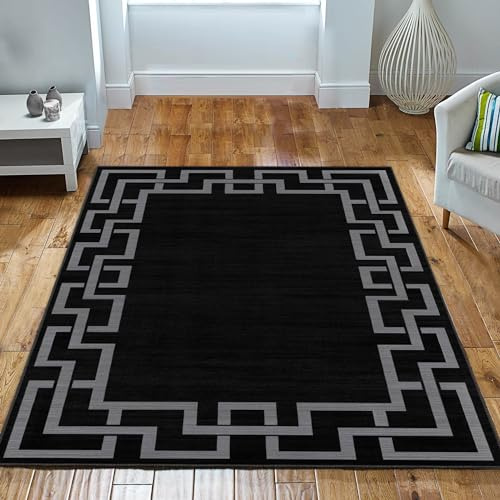 Imperial Rooms Area Rugs for Bedroom - Rugs Living Room Large 200x290 Cm Greek Key Style Modern Floor Carpet Non Shedding Super Soft Extra Large Nico Black Rug - Easy Care