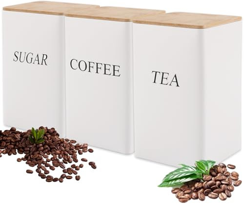 YAYODS Set of 3 Tea Coffee Sugar Canisters, White Storage Jars & Canisters with Airtight Bamboo Lid, 8.5x8.5x15CM