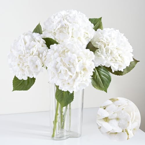 Artflower 4Pcs Real Touch Hydrangea Artificial Flowers, 22.5'' White Full Latex Faux Hydrangea Flowers for Home Floral Arrangements Wedding Bouquets Kitchen Table Centerpiece Decorations