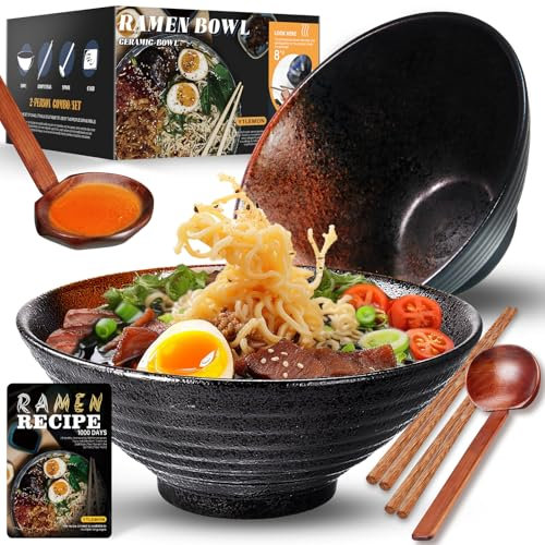 8 Zoll Keramik Große Ramen Schüssel 2 Set(9-Teilig) - Spülmaschinenfest Japanisches Porzellan Geschirr mit Gabel Essstäbchen Löffel und Rezepte für Nudeln Suppen Getreide Geschenke für neuen Häusern