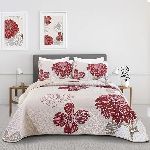 WONGS BEDDING Couvre-lit 220 x 240 cm, bordeaux, couverture d'été douce, matelassée, en microfibre, pour lit double, avec 2 taies d'oreiller 50 x 75 cm