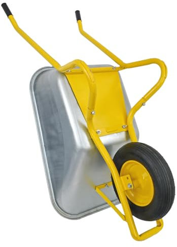 Matrix Schubkarre Profi 100l Liter 250 kg mit zusätzlichem Bodenblech Luftrad Schubkarren groß Garten Scheibtruhe Bauschubkarre | Mulde verzinkt | Metall Felge mit Kugellager | Farbe gelb
