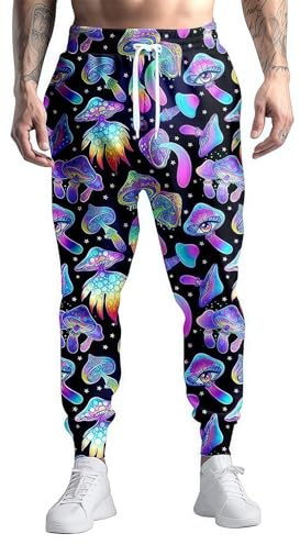 80s 90s Mens Joggers Pants Sports Funny Workout Running Printed Retro Sweatpants Casual Track Pants with Pockets(Black Mushroom-XXL)