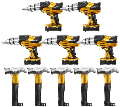 HOLIDYOYO 10pcs Inflatable Hammers Drill Balloons 17 Inch Blow up Tools Toys Aluminum Foil Electric Screwdriver Balloon for Construction Party Birthday Party Decorations