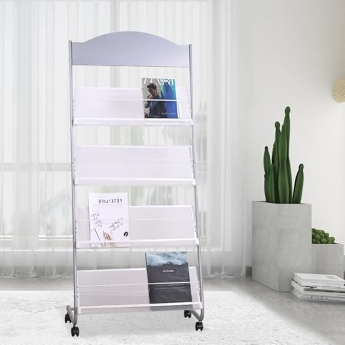 Whemyreat Expositores Soporte al suelo Portafolletos, Portarevistas, Expositor de libros,Quiosco Periódico Titular,3 hojas A4 de ancho,Porterevues,Con ruedas universales (plata)