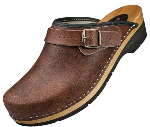 APREGGIO Herren Holz Clogs - Braun Größe 41 Holzschuhe aus Leder – Praktische Gartenclogs – Ergonomische Herren Lederclogs