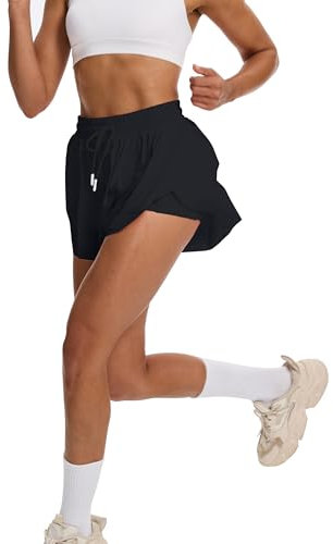 tanzdunsje Laufshorts Damen kurz Sportshorts 2 in 1,Tennis Gym Fitness RunningShorts mit 2 Taschen, Damen Schwarze Shorts Workout Sportrock Elastischer Bund, mit Innenfutter(S, Schwarz)