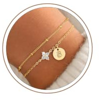 TINGN Damarmband, 14K guldpläterad, bokstäver, fyrklöver, personlig julklapp, julklapp, present för kvinnor och flickor, 6 + 2 (15cm + 5cm), Guld