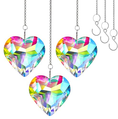 H&D HYALIN & DORA 50 mm geometri kristallhjärta solfångare prismor hängande solfångare med glasprisma regnbågstillverkare för fönster, balkong, kök, trädgårdsdekor (AB, 3-pack)