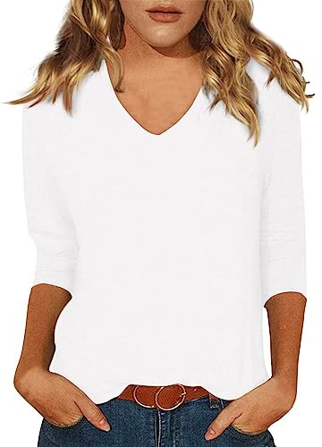 HUIFUAO Tee Shirt Manche Longue Femme Oversize Manches 3/4 Haut d'été Basique Chemise Chic Et élégant Lâche Tops (Z11 White, L) Commande en Cours de Livraison