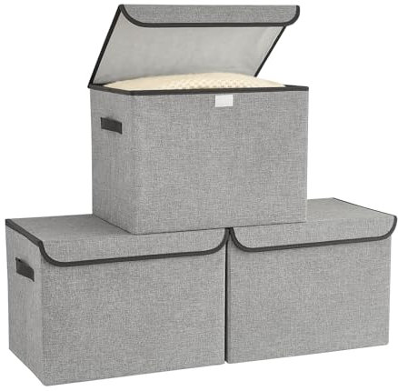 Bagnizer Fabric Storage Boxes with Lids & Handles 3PCS Collapsible Storage Basket Bins for Clothes Toy Large Foldable Storage Box for Wardrobe Bedroom Office Grey 42x30x30CM