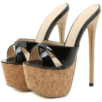 Sandali con tacco a spillo in sughero con plateau per donna, punta aperta, tacco alto, décolleté, ciabatte incrociate, 17,5 cm,Nero,42 EU