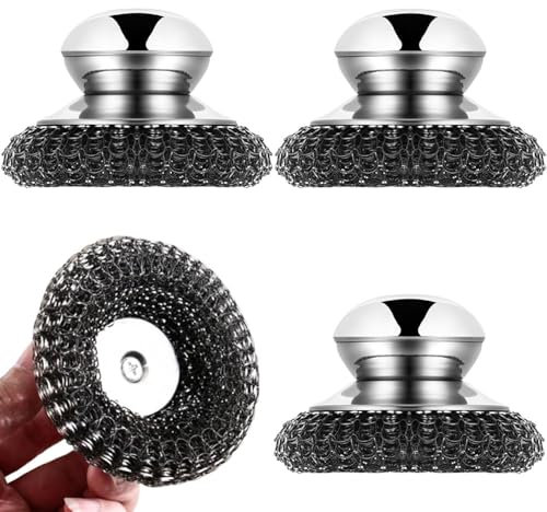 Pamtns 4 Piezas Esponjas de Acero Inoxidable Estropajos Cocina con Mango Bola de Alambre de Acero Esponjas de Limpieza de Lana Estropajos de Metal para Limpiar Ollas Sartenes Parrillas y Horno