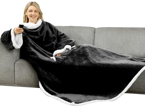 Winthome Double Warmer Wearable Blanket with Sleeves, Super Soft Sherpa Blanket for Adult Women Men (Black)