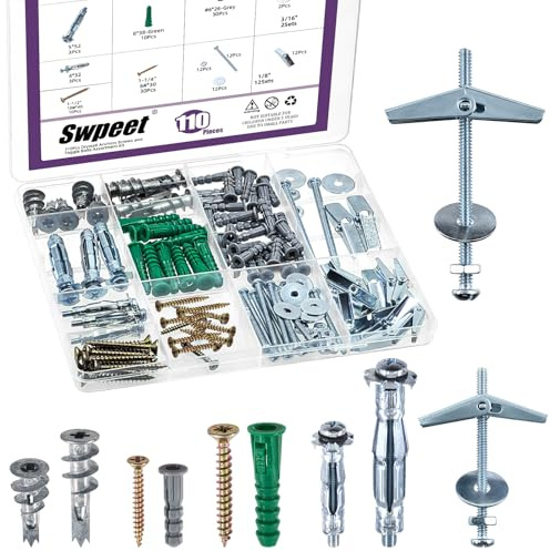 Swpeet Set di 110 viti di ancoraggio per cartongesso in 3 stili, dado ad alette a levetta, tasselli per pareti cave, tasselli per cartongesso autoperforanti con vite per montaggio a muro in fibra di