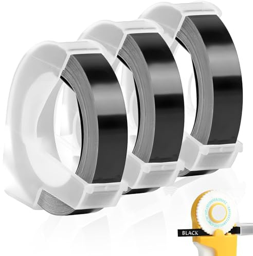 3 Rollen Prägegerät Etiketten Kompatibel Mit Prägeband 9mm Schwarz, Kompatibel Mit Selbstklebendes Omega Etikettenband Schwarz, Für 3d Schriftbänder Für Omega Junior Prägegerät