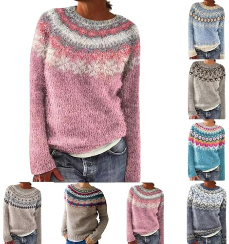 HUIFUAO Pulls Fair Isle pour femmes taille plus Noël Pull de Noël norvégien nordique islandais tricot chaud épais manches longues hauts sweatshirt vintage, Z01 Bleu, 5XL