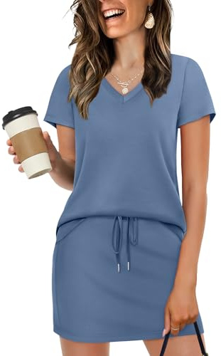 NIASHOT 2 Piece Sets for Women Activewear Summer 2026 Workout Sets Short Sleeve Tennis Golf Outfits with Skirt Skorts Athletic Dress Fashion Sports Womens Clothes Grey Blue S