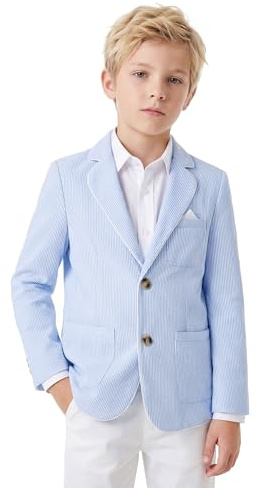 LOLANTA Kids Breathable Seersucker Blazer, Boys Striped Stylish Suit Jacket for Summer Casual Ocassions, 5-13 Years