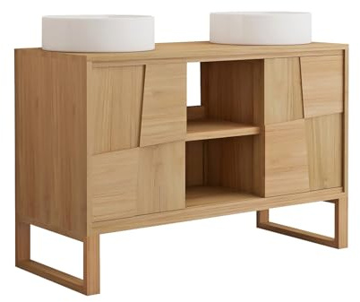 Vente-unique - Mueble de baño con patas de madera de teca con doble tocador redondo de cerámica – L 120 cm – Mataram