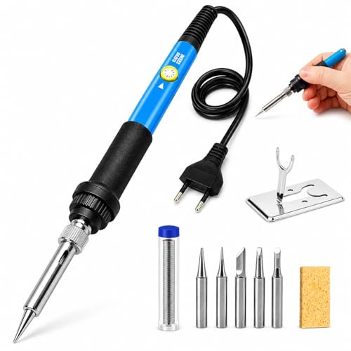 Soldador de Estaño 60W, Kit Soldadura Estaño 9 Piezas con 5 Puntas Intercambiables, Estañador Eléctrico Regulable 200-450°C, Soporte, Bomba Desoldadora, Alambre de Soldadura para Uso Diverso y Reparar