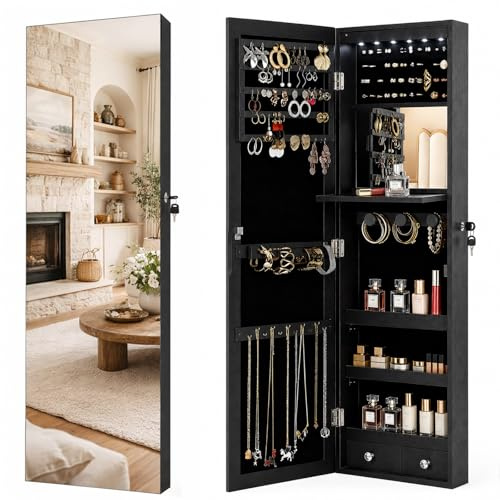 AnSafity Lockable Jewelry Cabinet Organizer with Full Length Mirror, 6 Auto LED Lights, Wall & Over Door Mount Jewelry Armoire with Earring Slots, Necklace Hooks, Foldable Makeup Shelf