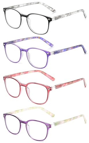 JM Reading Glasses Women with Spring Hinge 4 Pack, Lightweight Quality Vintage Readers Colorful Square Glasses for Ladies +1.5 Magnifying