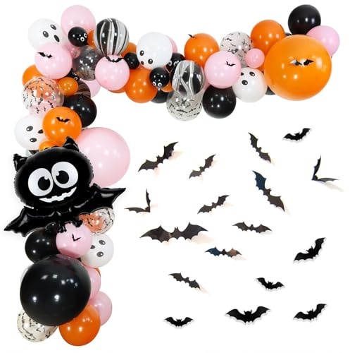 Halloween Balloon Arch Garland Kit, 18 10 5 Orange Pink Black Balloons with Big Bat Balloons 3D PVC Bat Stickers for Halloween Day Decorations Baby Shower Birthday Party Supplies