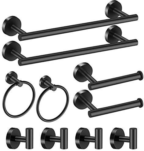Hinmood Bathroom Hardware Set Black 10 Pieces, Towel Bar Set Matte Black Stainless Steel Towel Rack Set Includes 2PCS 16'' Towel bar, 4PCS Towel Hooks, 2PCS Toilet Paper Holder and 2PCS Towel Ring