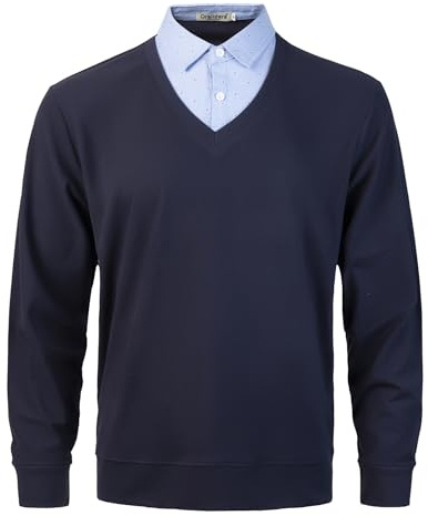 Oralidera Maglioncino Uomo Finta Camicia Invernale 2 in 1 Maglione Colletto di Camicia Maglioni Pullover Uomo Scollo V, Blu, XL