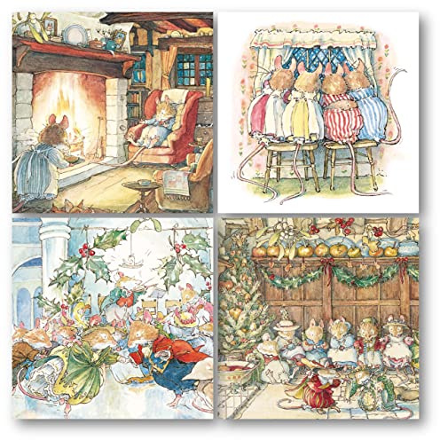 Museums & Galleries Christmas Cards Pack of 16 - Assorted Designs - Brambly Hedge - 4 x 4 Cosy Christmas Mouse Designs - Festive Christmas Cards Multipack