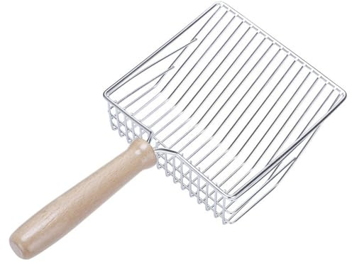 katmerio Pala para arena para gatos, pala de metal, con mango de madera, pala para arena para gatos, perros, 28 cm (plata)