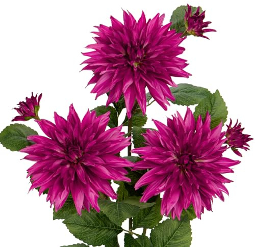 7.5'' Grandi Fiori di Dalia Artificiali con Steli Lunghi, 3 Pezzi di Fiori Finti Fucsia Viola e 3 Pezzi di Gemme Finte Decorative, Composizioni Floreali per Casa, Soggiorno, Cucina, Matrimonio