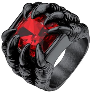 Bestyle Anillos de Acero Inoxidable para Pareja Anillo con Piedra Roja Anillos Garra Dragón Negro Anillo de Sello Hombre Talla 22.25