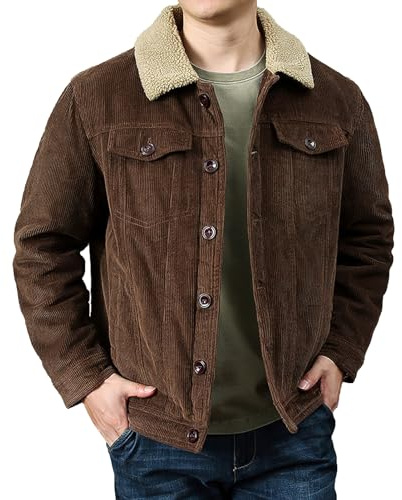 rismart Homme Veste en Velours Côtelé Doublure Sherpa Camionneur Boutonné Col à Revers L'hiver Chaud Manteau Café,XL