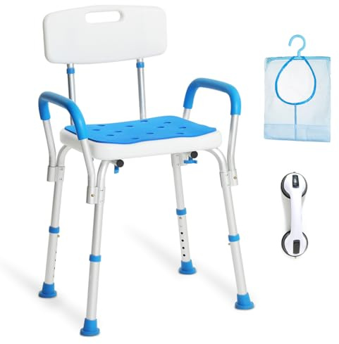 Silla de ducha con brazos y respaldo, asiento de ducha acolchado para ducha interior con barra de agarre/bolsa de aseo, asiento de ducha sin herramientas para bañera, silla de baño de ducha para