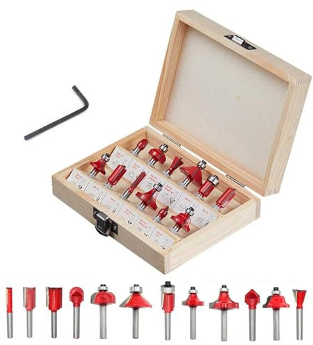 iDMRURvm 12tgl Fräsersatz Set für Holzbearbeitung 6mm Nutfräser Profilfräser für Oberfräse Holzfräser Fräser Bit Set mit Schraubenschlüssel (Rot) (12tlg. Fräser Set - Schaft 6mm)