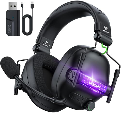 WESEARY WG2 Cascos Gaming Inalambricos, Auriculares Gaming Inalambricos de 2.4G para PS5, PS4, PC, Switch, Sonido Estéreo Auriculares con Microfono, Cascos con Luz LED, Duración 50Hr+