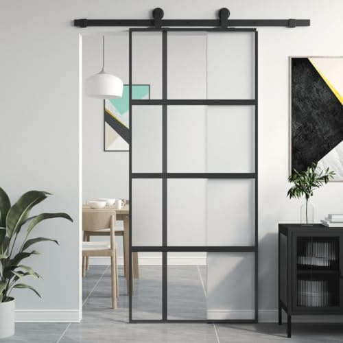 Homgoday Porte coulissante noire en verre trempé et aluminium - 90 x 205 cm