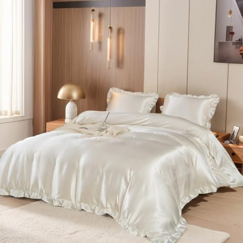 Nayoroom Satin Bettwäsche 220x240 Weiß Seidentuch Bettwäsche mit Rüschen Set 3teilig Luxus Mako Satin Bettbezug GlänzendAesthetic Seidenbettwäsche mit Reißverschluss und 2 Seidenkissenbezüge 80x80