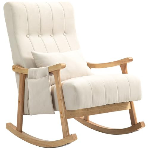 HOMCOM Schaukelstuhl Schaukelsessel mit Rückenlehne, Lendenkissen, Holzkufen, Sessel, Relaxsessel mit Leinenoptik Weich Schwingsessel Stillsessel für Wohnzimmer, Schlafzimmer Beige