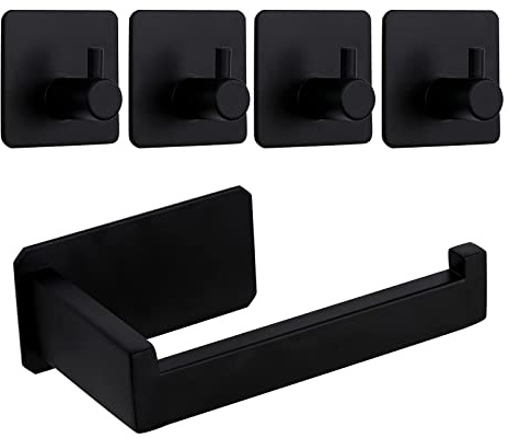 Withosent Portarrollos Papel Higiénico, Cuelga Facil Portarrollos Baño Adhesivo, Accesorios Baño sin Taladro, 1 Porta Rollos de Papel Higienico + 4 Ganchos Adhesivos para Pared, para Baño y Cocina