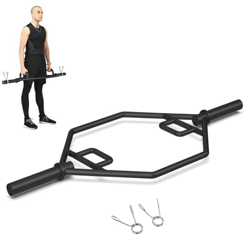 KOMFOTTEU Trap Bar mit Klappgriff, Kreuzhebestange aus Stahl mit Federverschluss, 142 cm Hantelstange bis 362 kg, Olympic Bar für Kniebeugen, Kreuzheben (Schwarz)