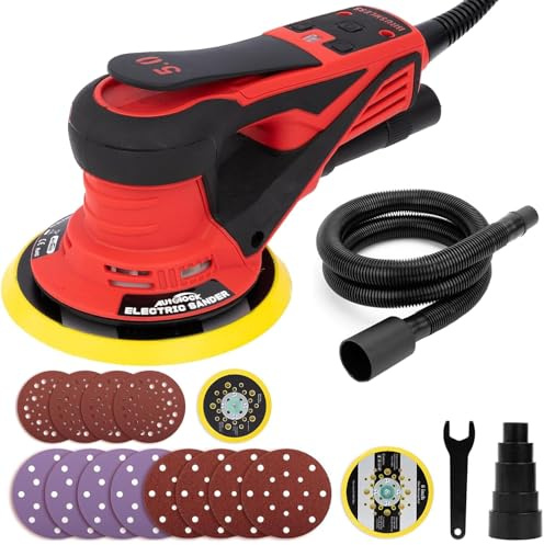 Autolock Lijadora Excentrica disco de 125/150 mm,350W Lijadora Orbital Electrica,7 Velocidades hasta 10,000 RPM,Para trabajar y pulir la madera (Rojo)