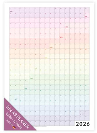 PuK Krämmer GmbH Jahreskalender 2026 DIN A3, A2, A1 Poster – Ganzes Jahr auf einen Blick | Minimalistischer Wandkalender im Raster-Design | Perfekt für Urlaubsplanung, Projekte, Uni & Büro (DIN A3)