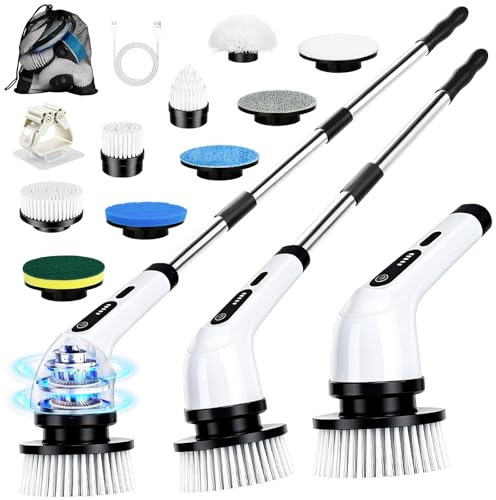 PATEMZON Brosse Nettoyage Electrique, 9 en 1 Brosse Rotative Nettoyage, avec 9 Têtes de Brosses Interchangeables et Tige Télescopique, Electric Spin Scrubber pour Salle de Bain, Cuisine, Voiture