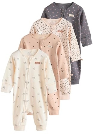 NEXT Bambina Confezione da 4 Tutine Stampate per Neonati con Zip bidirezionale Monochrome Leopard And Cherry 6 Mesi-9 Mesi