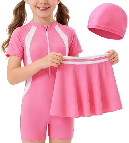 Keyck Girls One Piece Swimming Costume with Skirt Swimsuit 9-10 Years, Pink